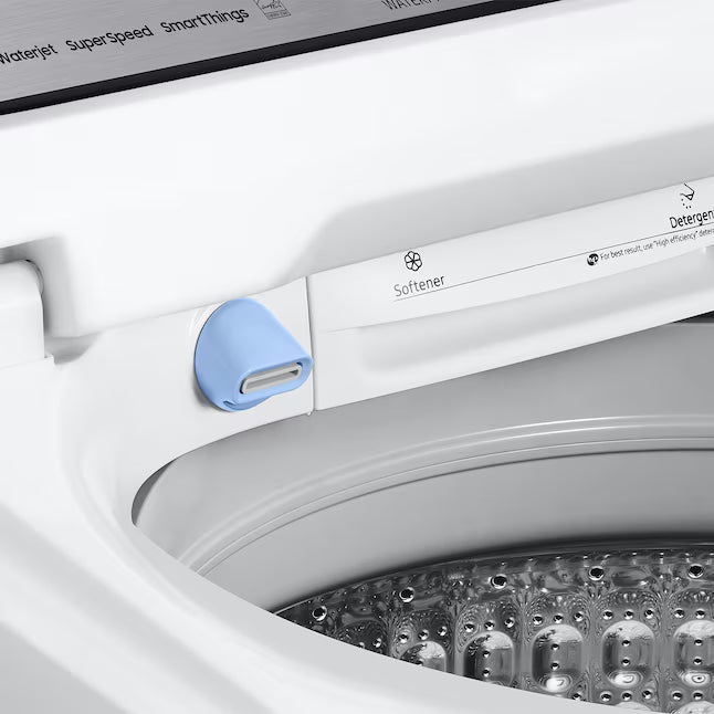 Samsung 5.2 cu. ft. Large Capacity Smart Top Load Washer with Super Speed Wash in White WA52DG5500AW - Scratch & Dent (Minor) and Samsung White Smart Electric 7.4 Cu. Ft. Dryer with Sensor Dry and Steam Sanitize+ DVE52A5500W - Scratch & Dent (Moderate)