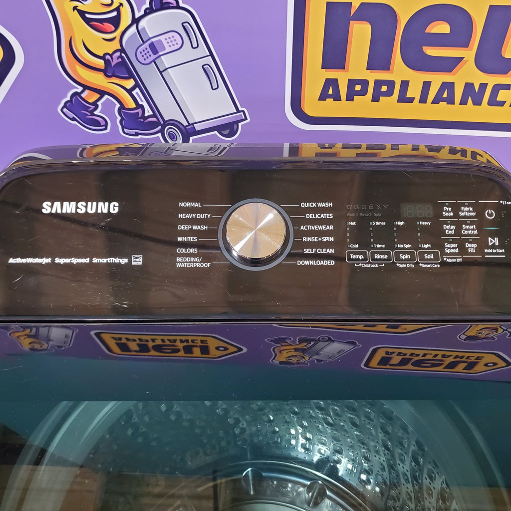 Pictures of Samsung Brushed Black Top Load 5.2 Cu. Ft. Washer with SuperSpeed Wash WA52A5500AV - Certified Refurbished and Samsung Brushed Navy Smart Electric Front Load 7.4 Cu. Ft. Dryer with Steam Sanitize+ DVE54CG7150D - Scratch and Dent (Minor) - Neu Appliance Outlet - Discount Appliance Outlet in Austin, Tx