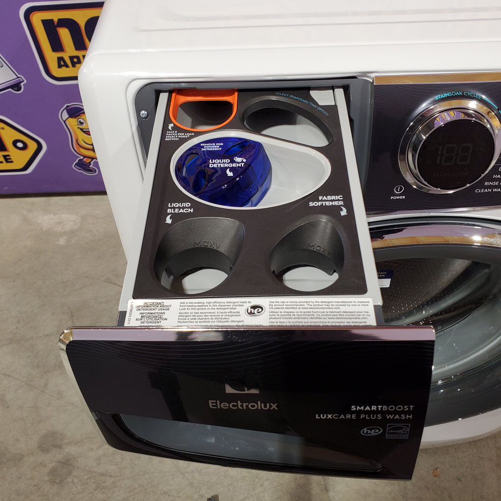 Electrolux 4.5 Cu.Ft. Stackable Front Load Washer with Steam and SmartBoost Wash System ELFW7637AW  - Scratch & Dent (Moderate) and Electrolux 8.0 cu. ft. Front Load Electric Dryer with Perfect Steam 16182 - ELFE7637AW - Open Box