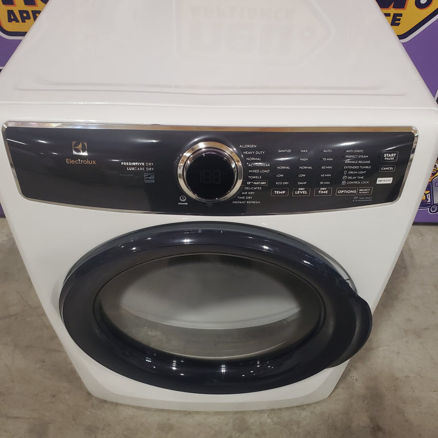 Electrolux 4.5 Cu.Ft. Stackable Front Load Washer with Steam and SmartBoost Wash System ELFW7637AW  - Open Box and Electrolux 8.0 Cu. Ft. Front Load Perfect Steam™ Gas Dryer with LuxCare® Dry and Instant Refresh ELFG7626BW - Scratch & Dent (Minor)