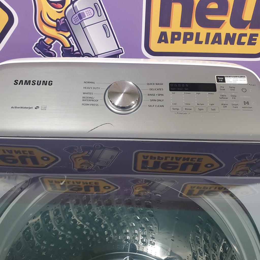 Pictures of Samsung White Top Load 5.4 Cu. Ft. Washer with Active Water Jet WA54R7200AW - Certified Refurbished and Samsung White Electric 7.4 Cu. Ft. Dryer with Sensor Dry DVE50R5200W - Scratch and Dent (Minor) - Neu Appliance Outlet - Discount Appliance Outlet in Austin, Tx
