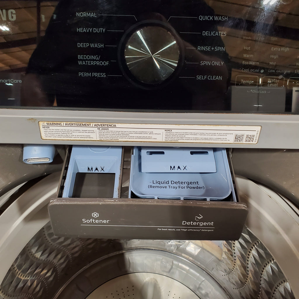 Samsung 4.5 cu. ft. Capacity Top Load Washer with Active WaterJet in Platinum WA45T3400AP - Certified Refurbished and Samsung Platinum Electric 7.4 Cu. Ft. Dryer with Sensor Dry 16065 - DVE45T3400P - Certified Refurbished