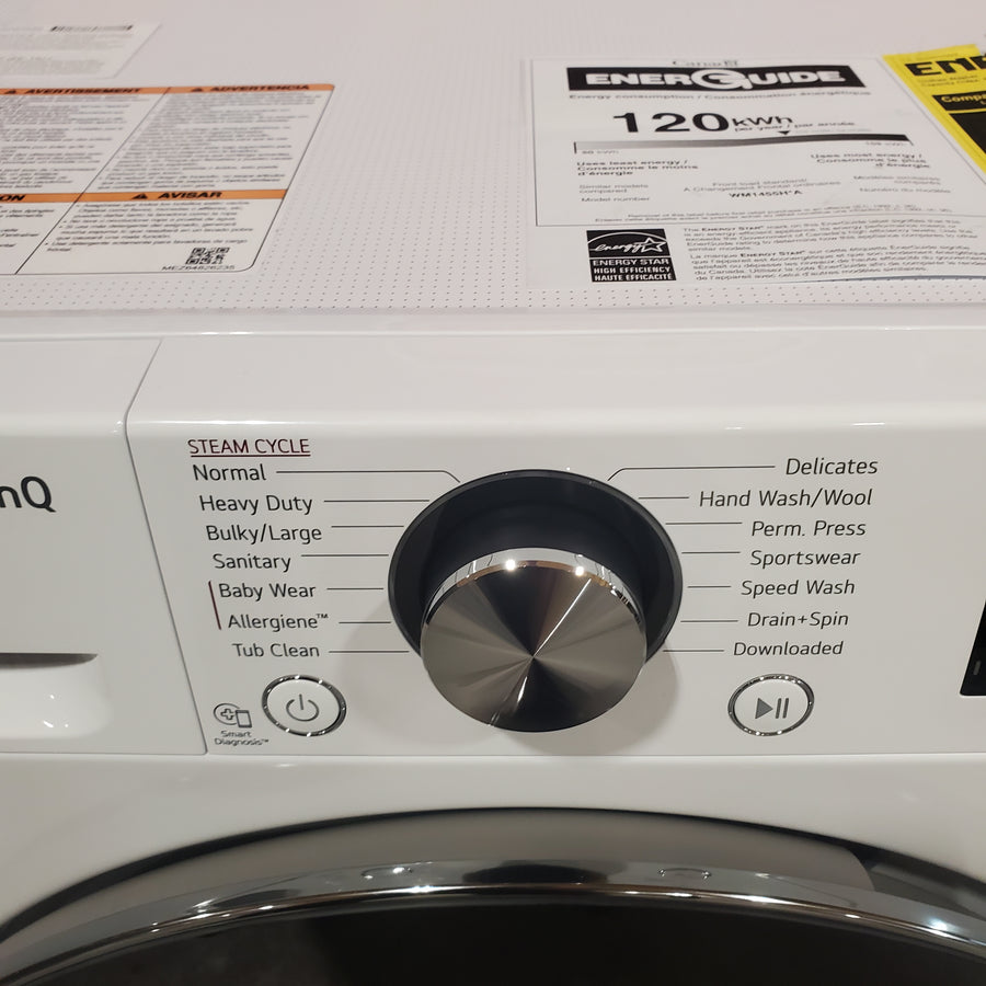 LG 2.4 cu.ft. Compact Front Load Washer with Built-In Intelligence WM1455HWA - Open Box and LG 4.2 cu.ft. Smart wi-fi Enabled Compact Front Load Dryer with Dual Inverter HeatPump™ Technology 16214 - DLHC1455W - Scratch & Dent (Minor)