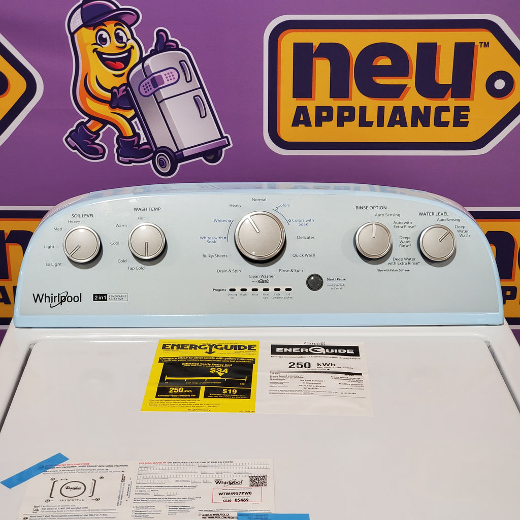 Whirlpool 3.8–3.9 Cu. Ft.  Top Load Washer with  2 in 1 Removable Agitator and Soil Level Selection WTW4957PW - Open Box and Whirlpool 7-cu ft Vented Electric Dryer 16049 - WGD4815EW - Scratch & Dent (Minor)