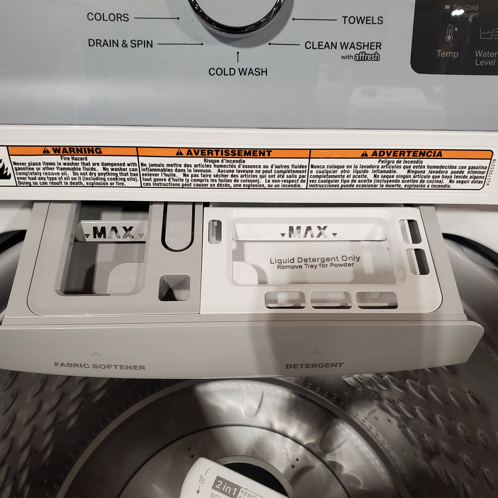 Pictures of Whirlpool® 4.2-4.3 Cu. Ft. Top Load Washer with 2-in-1 Removable Agitator and Soft Close Glass Lid WTW4307SW - Open Box and Whirlpool 7.0 cu. ft. Electric Dryer with Adaptive Dry and Wrinkle Shield™ Option 16121 - WED4307SW - Scratch & Dent (Minor) - Neu Appliance Outlet - Discount Appliance Outlet in Austin, Tx