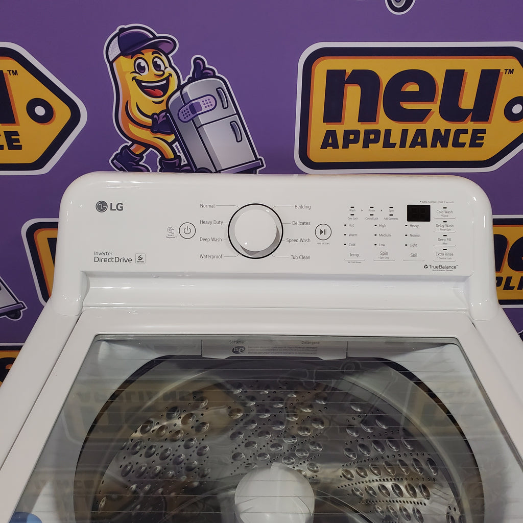 LG 4.3 cu. ft. Ultra Large Capacity Top Load Washer with 4-Way™ Agitator WT7005CW - Certified Refurbished and LG 7.3 Cu. Ft. Electric Rear Control Ultra Large Capacity Dryer with Sensor Dry 16082 - DLE6100W - Scratch & Dent (Minor)