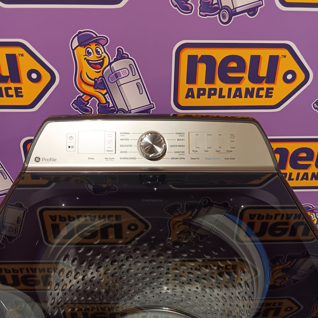 GE PTW600BPRDG washer  on a purple background with 'neu appliance' branding.