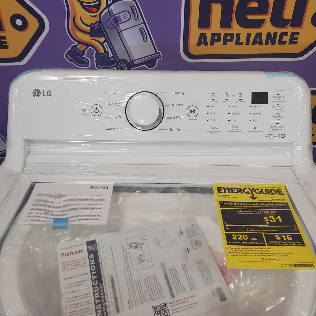 LG White Top Load 4.5 Cu. Ft. Washer with NeveRust Drum and TurboDrum Technology WT7000CW - New in Box and LG 7.3 cu. ft. Ultra Large High Efficiency Electric Dryer in White 16067 - DLE7000W - Scratch & Dent (Minor)