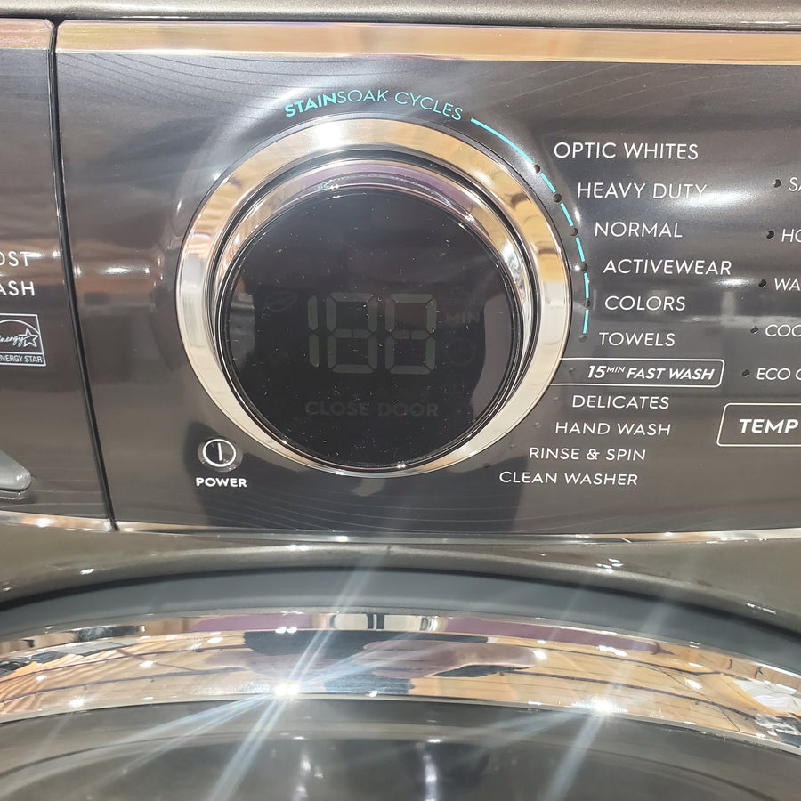 Electrolux Titanium Front Load 600 Series 4.5 Cu. Ft. Washer with Smartboost ELFW7637AT - Scratch & Dent (Minor) and Electrolux 8 cu. ft. vented Front Load Stackable 600 Series Electric Dryer in Titanium with LuxCare Dry 16032 - ELFE7637AT - New in Box