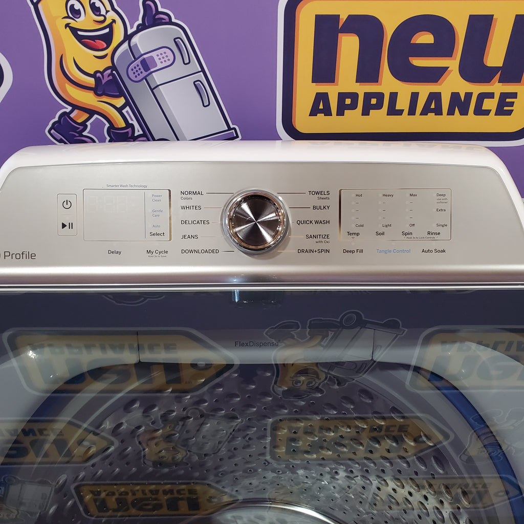 GE Profile 5.0 cu. ft. High-Efficiency Smart Top Load Washer in White with Microban Technology PTW600BSRWS - Scratch & Dent (Minor) and GE Profile 7.4 cu. ft. Capacity Electric Dryer with Sanitize Cycle and Sensor Dry 16052 - PTD60EBSRWS - New in Box