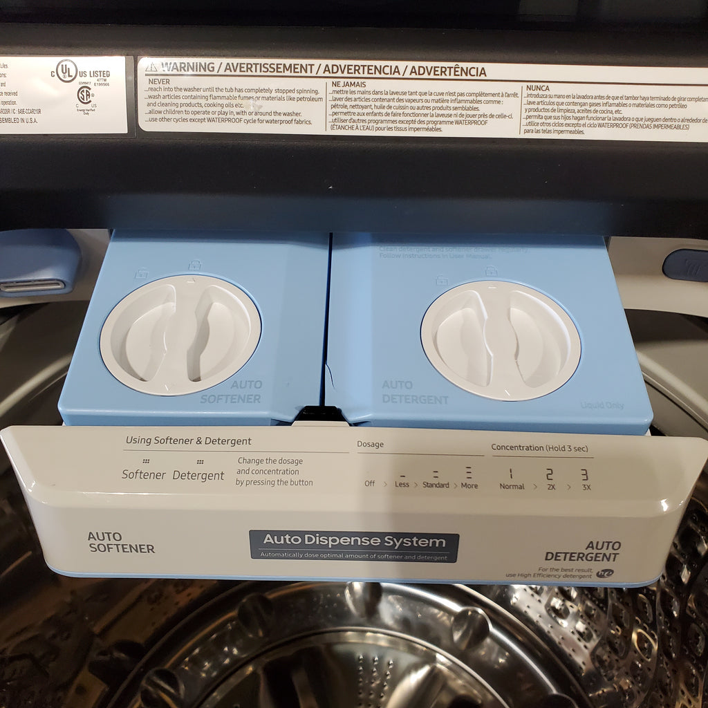 Pictures of Samsung Smart Top Load 5.5 Cu. Ft. with Auto Dispense Washer WA55CG7500AE - Open Box and Samsung 7.4 cu. ft. Vented Smart Gas Dryer in Ivory with Steam Sanitize+ DVG55CG7500E - Scratch & Dent (Minor) - Neu Appliance Outlet - Discount Appliance Outlet in Austin, Tx