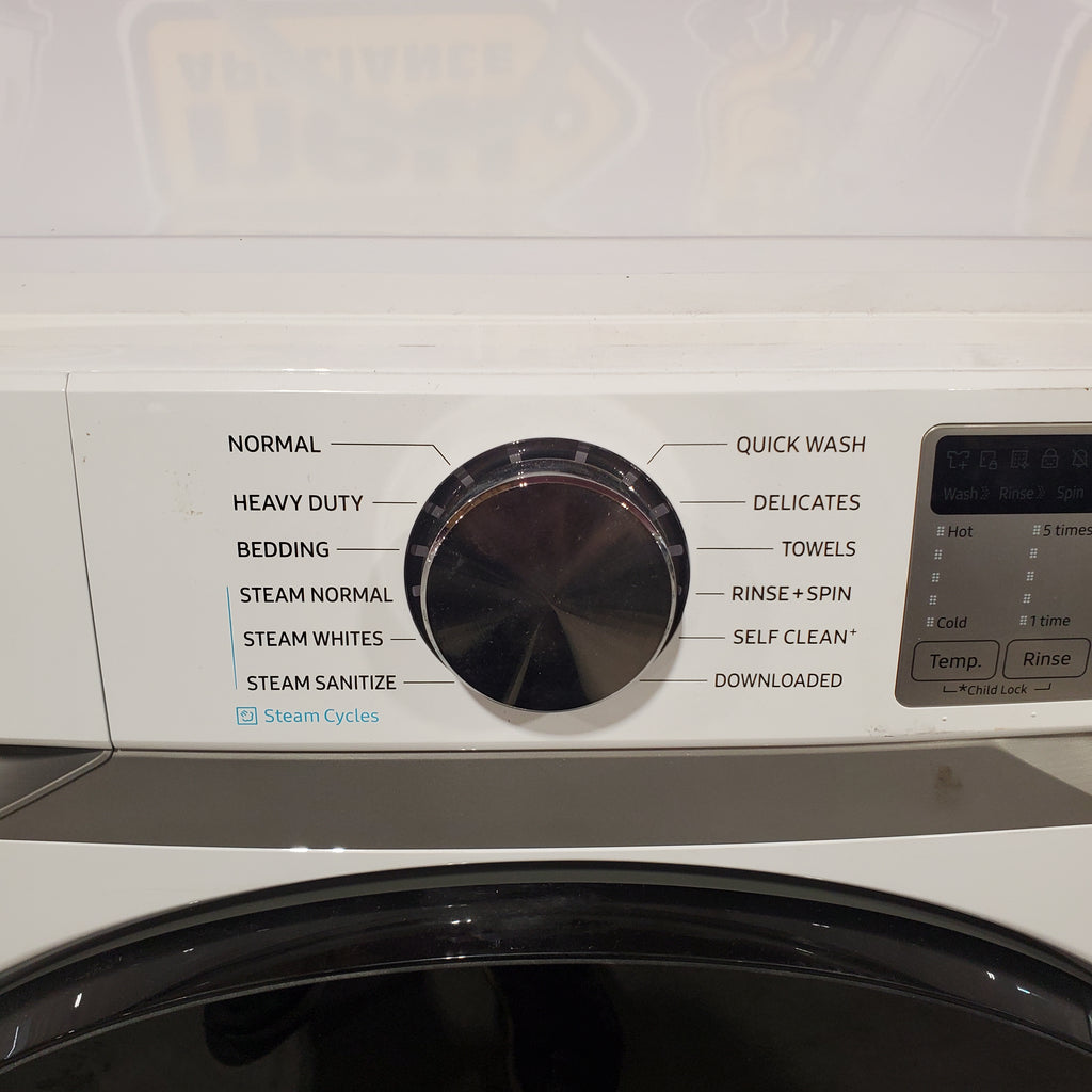 Samsung 4.5 cu. ft. Large Capacity Smart Front Load Washer with Super Speed Wash in White WF45B6300AW - Scratch & Dent (Minor) and Samsung 7.5 cu. ft. Smart Electric Dryer with Steam Sanitize+ in White 16064 - DVE45B6300W - Open Box