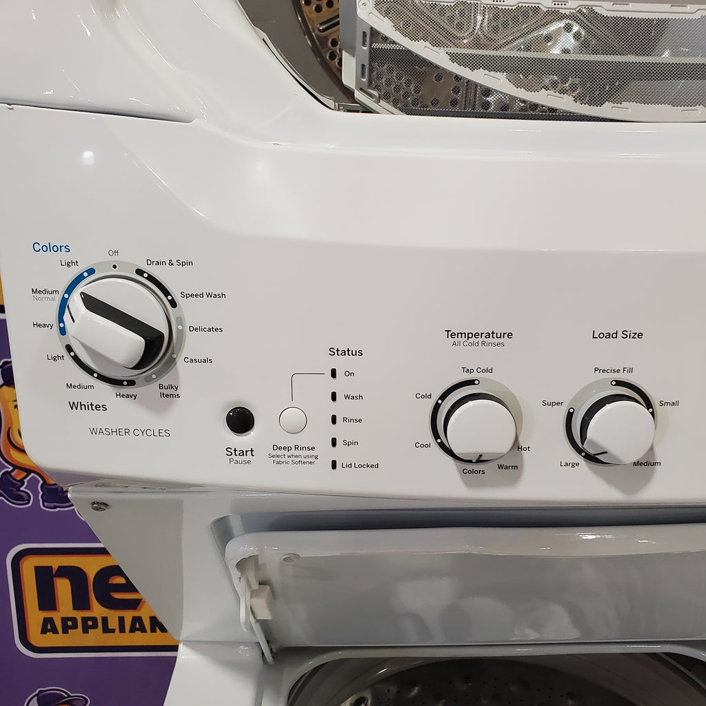 GE Unitized Spacemaker® 3.8 cu. ft. Capacity Washer with Stainless Steel Basket and 5.9 cu. ft. Capacity Electric Dryer 1CR000150 - GUD27ESSMWW - Scratch & Dent (Minor)