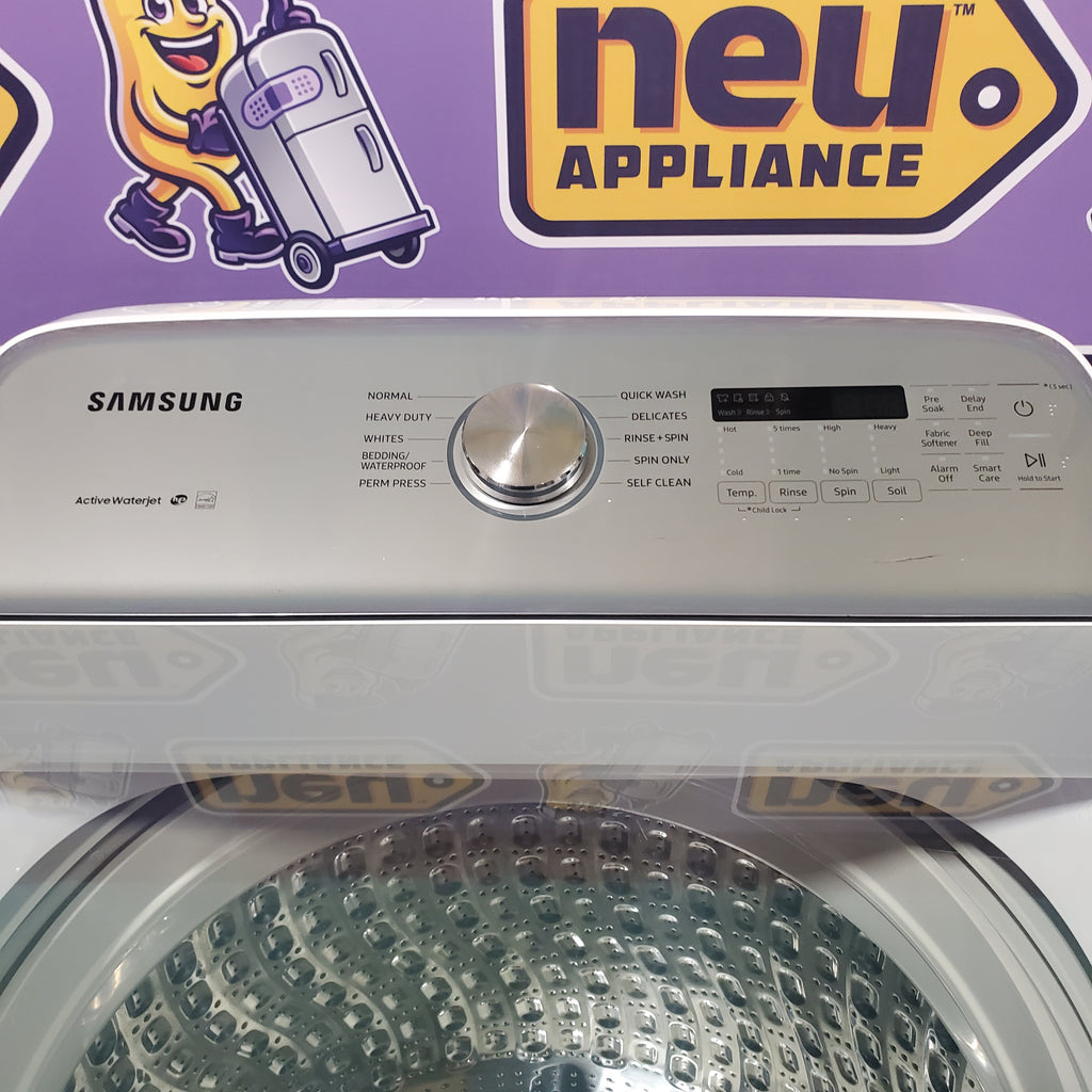 Pictures of Samsung White Top Load 5.0 Cu. Ft. Washer with Active Water Jet WA50R5200AW - Certified Refurbished and Samsung White Electric 7.4 Cu. Ft. Dryer with Sensor Dry DVE50R5200W - Open Box - Neu Appliance Outlet - Discount Appliance Outlet in Austin, Tx