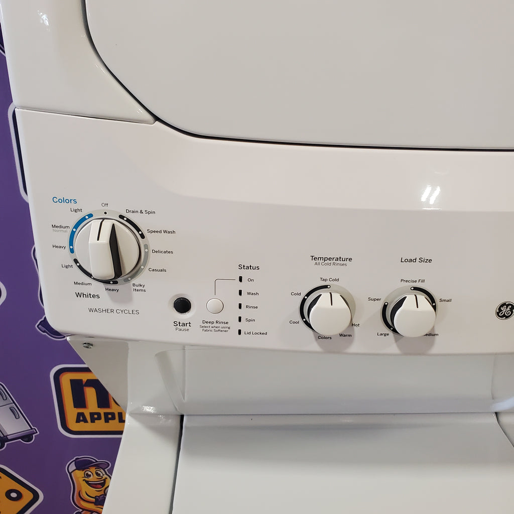 Pictures of GE White unitized Spacemaker 3.8 Cu. Ft. Washer with Stainless Steel Basket and 5.9 Cu. Ft. Dryer GUD27ESSMWW - Certified Refurbished - Neu Appliance Outlet - Discount Appliance Outlet in Austin, Tx