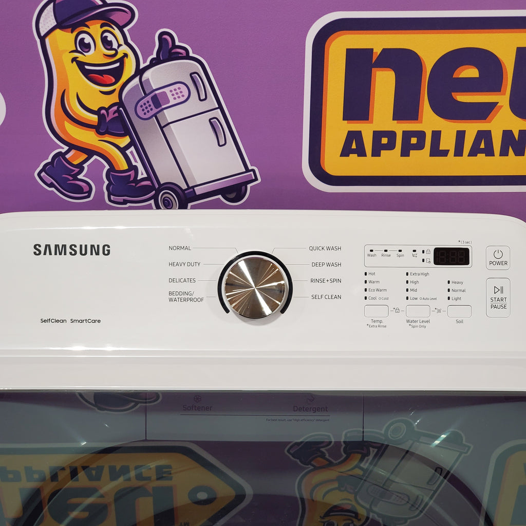 Pictures of Samsung 4.4 cu. ft. Top Load Washer with ActiveWave™ Agitator and Soft-Close Lid in White WA44A3205AW Open Box and Samsung 7.2 cu. ft. Gas Dryer with Sensor Dry in White DVG45T3200W - Scratch & Dent (Minor) - Neu Appliance Outlet - Discount Appliance Outlet in Austin, Tx