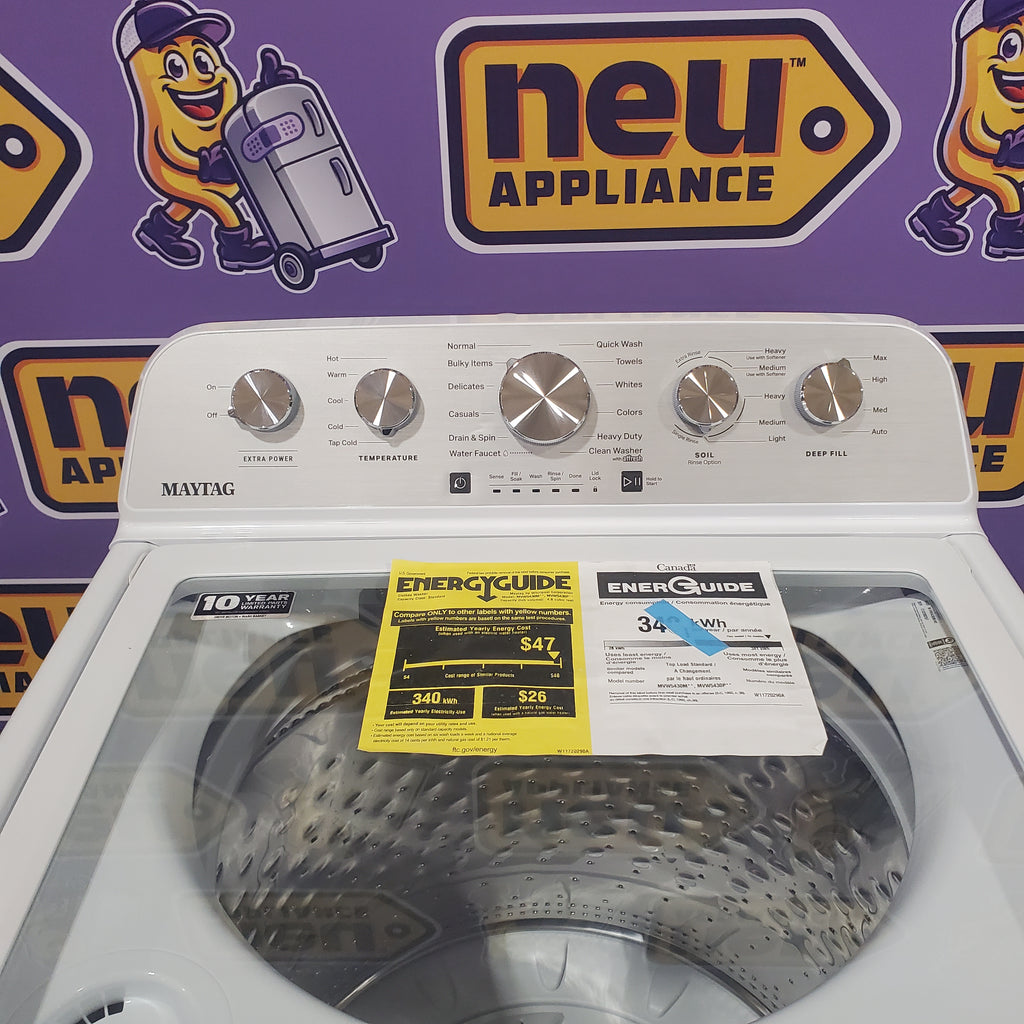 Pictures of Maytag Top Load 4.8 Cu. Ft. Washer with Extra Power MVW5430MW - Scratch and Dent (Moderate) and Maytag Front Load Wrinkle Prevent Electric 7.0 Cu. Ft. Dryer with End of Cycle Signal MED4500MW - Open Box - Neu Appliance Outlet - Discount Appliance Outlet in Austin, Tx