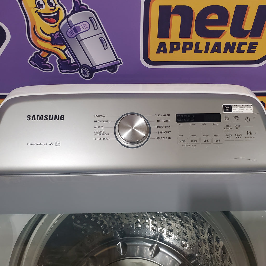 Pictures of Samsung White Top Load 5.0 Cu. Ft. Washer with Active Water Jet WA50R5200AW - Certified Refurbished and Samsung White Electric 7.4 Cu. Ft. Dryer with Sensor Dry DVE50R5200W - Scratch and Dent (Minor) - Neu Appliance Outlet - Discount Appliance Outlet in Austin, Tx