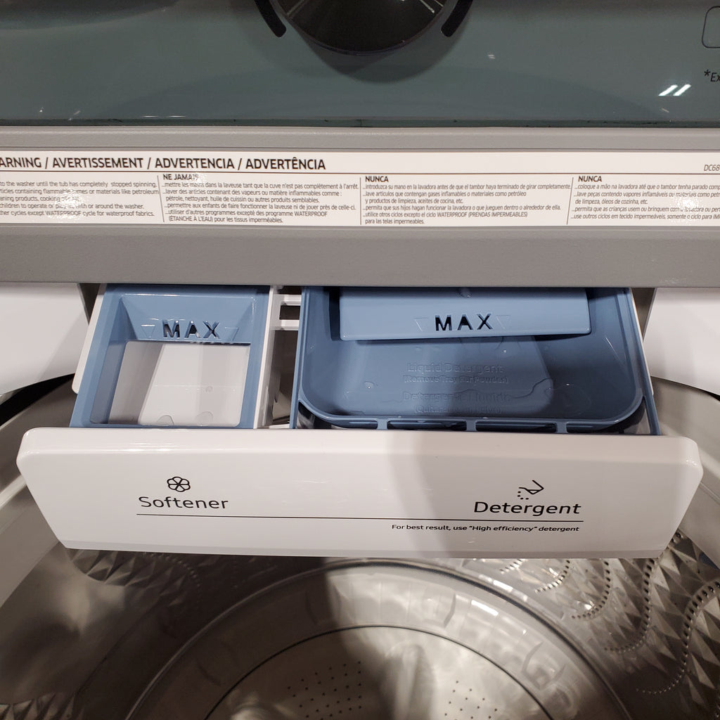 Pictures of Samsung 4.5 cu. ft. Top Load Washer with Vibration Reduction Technology+ in White WA45T3200AW - Scratch & Dent (Minor) and Samsung 7.2 cu. ft. Electric Dryer with Sensor Dry in White 16127 - DVE45T3200W - Open Box - Neu Appliance Outlet - Discount Appliance Outlet in Austin, Tx