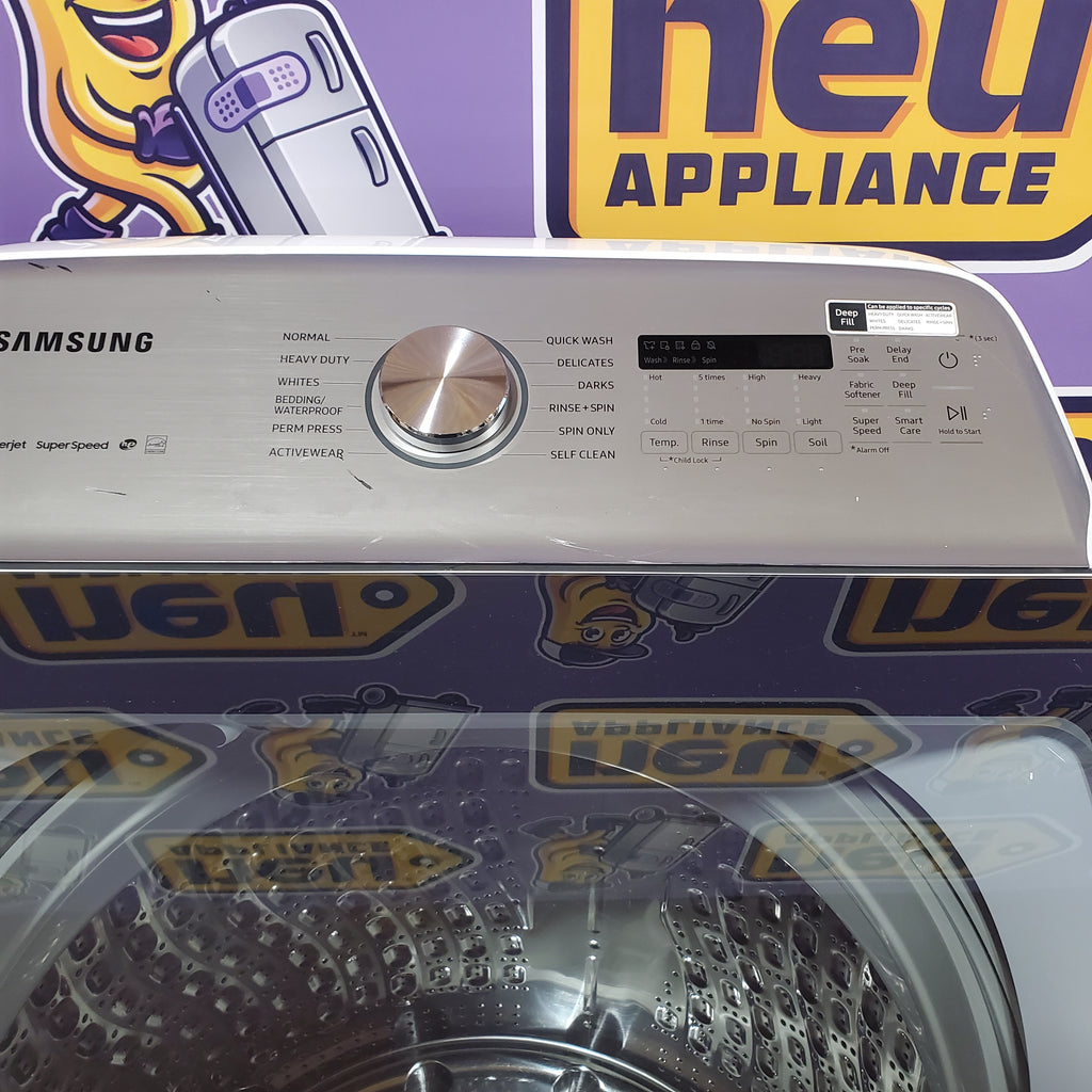 Pictures of Samsung White Top Load 5.0 Cu. Ft. Washer with Super Speed WA50R5400AW - Certified Refurbished and Samsung Front Load Electric Dryer with with Steam Sanitize+ 16111 - DVE52A5500W - Scratch & Dent (Minor) - Neu Appliance Outlet - Discount Appliance Outlet in Austin, Tx