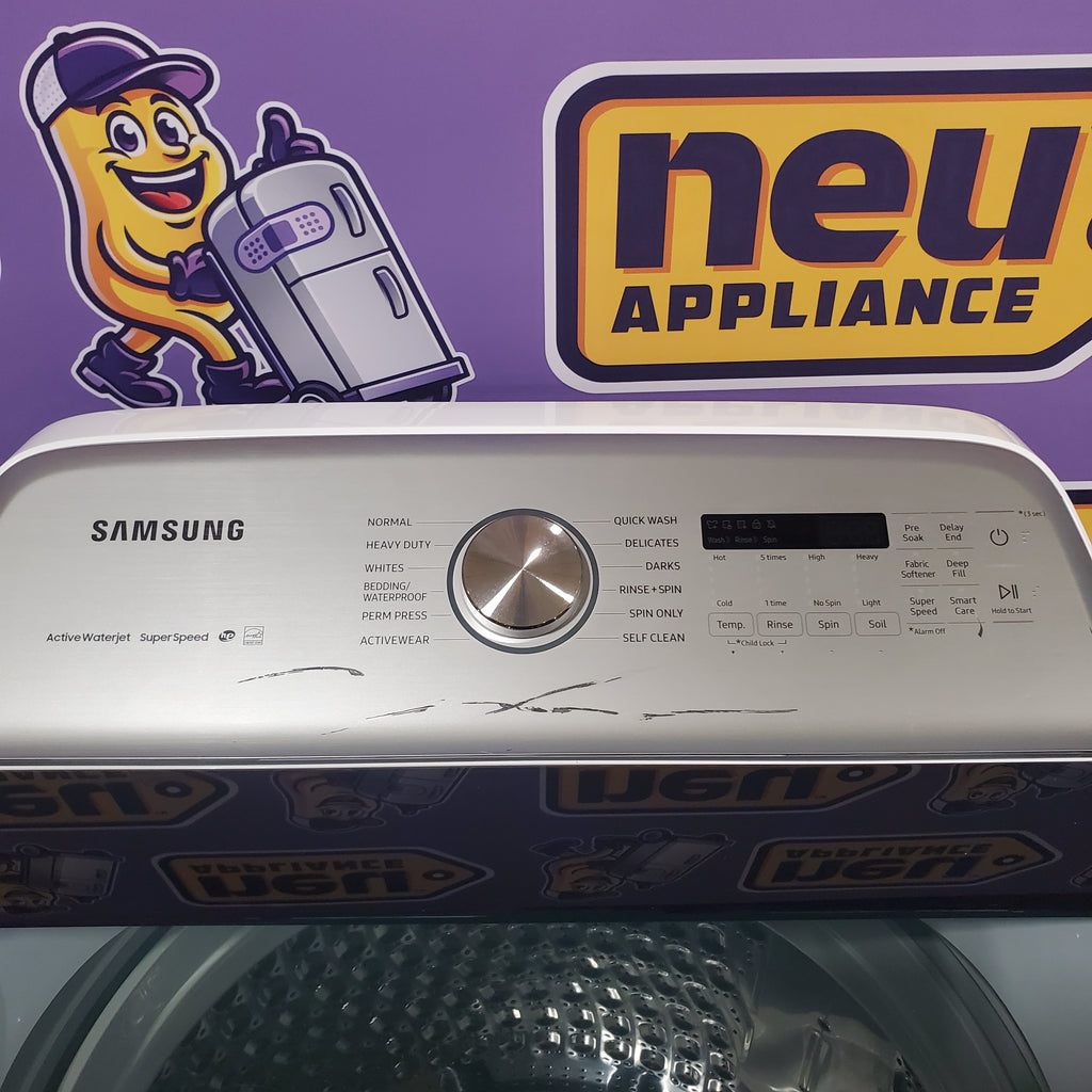 Pictures of Samsung White Top Load 5.0 Cu. Ft. Washer with Active Water Jet WA50R5200AW - Certified Refurbished and Samsung White Electric 7.4 Cu. Ft. Dryer with Sensor Dry DVE50R5200W - Scratch and Dent (Minor) - Neu Appliance Outlet - Discount Appliance Outlet in Austin, Tx