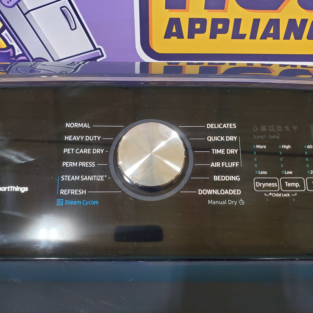 Pictures of Samsung Brushed Black Top Load 5.2 Cu. Ft. Washer with SuperSpeed Wash WA52A5500AV - Certified Refurbished and Samsung Brushed Navy Smart Electric Front Load 7.4 Cu. Ft. Dryer with Steam Sanitize+ DVE54CG7150D - Scratch and Dent (Minor) - Neu Appliance Outlet - Discount Appliance Outlet in Austin, Tx