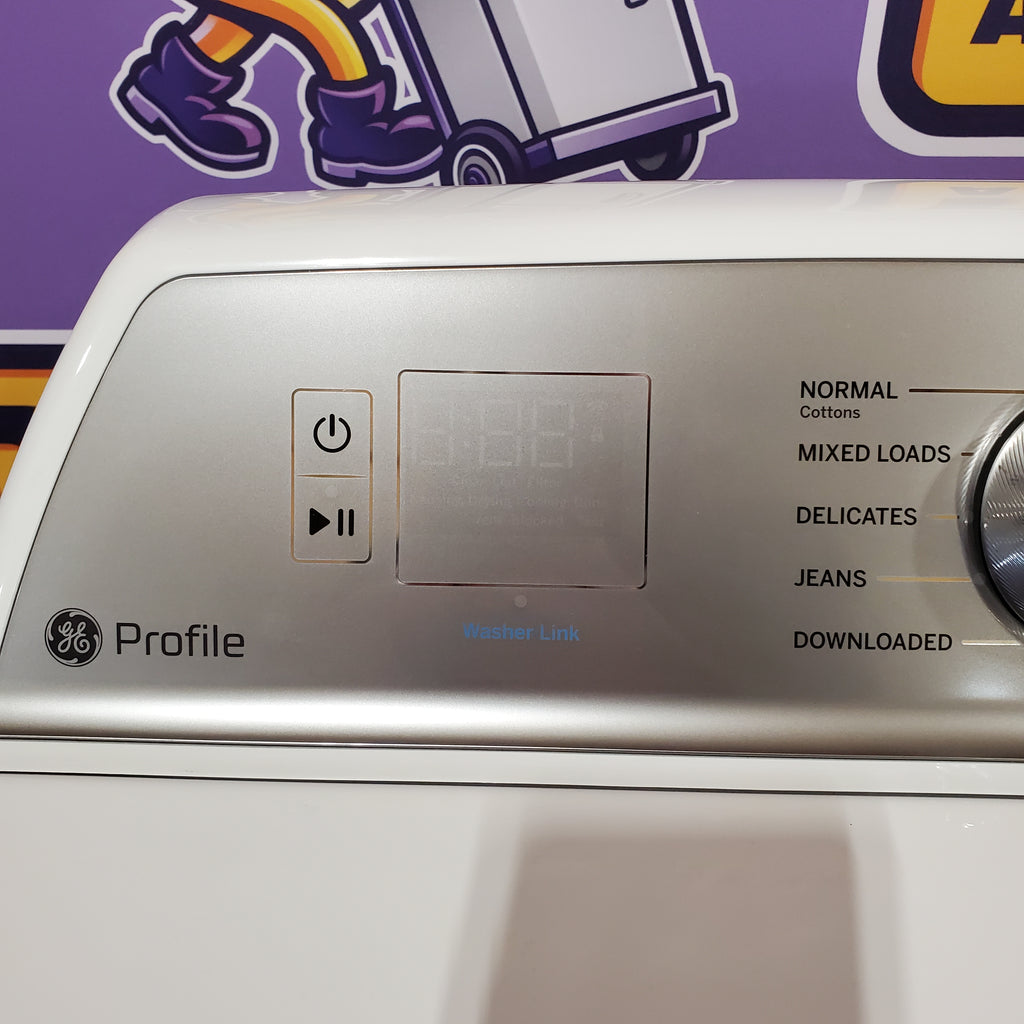 Pictures of GE Profile™ ENERGY STAR® 5.0 cu. ft. Capacity Washer with Smarter Wash Technology PTW600BSRWS - New in Box and GE Profile™ ENERGY STAR® 7.4 cu. ft. Capacity Electric Dryer with Sanitize Cycle 16229 - PTD60EBSRWS - Scratch & Dent (Moderate) - Neu Appliance Outlet - Discount Appliance Outlet in Austin, Tx