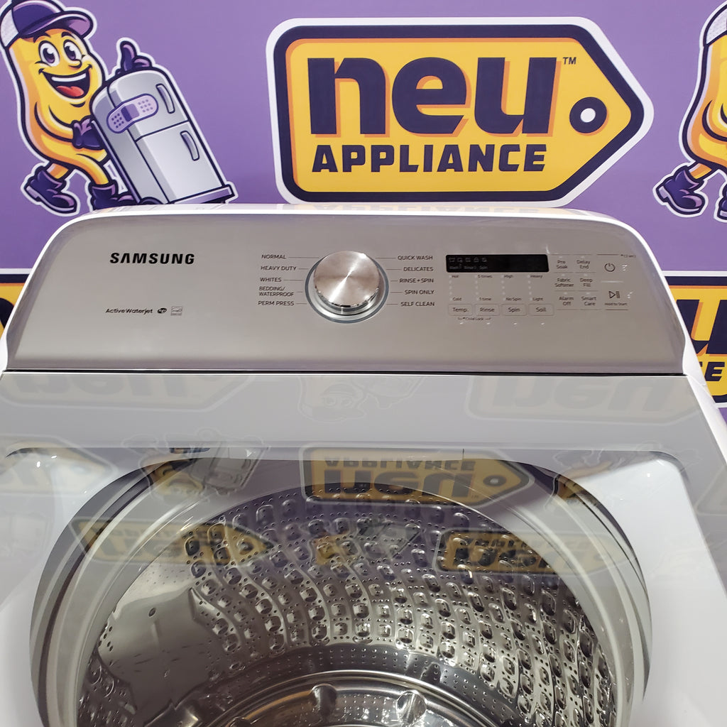 Samsung 5.0 cu. ft. Top Load Washing Machine with Active Water Jet 1CR04014 - WA50R5200AW - Certified Refurbished and Samsung White Smart Electric 7.4 Cu. Ft. Dryer with Sensor Dry and Steam Sanitize+ 16106 - DVE52A5500W - Scratch & Dent (Minor)