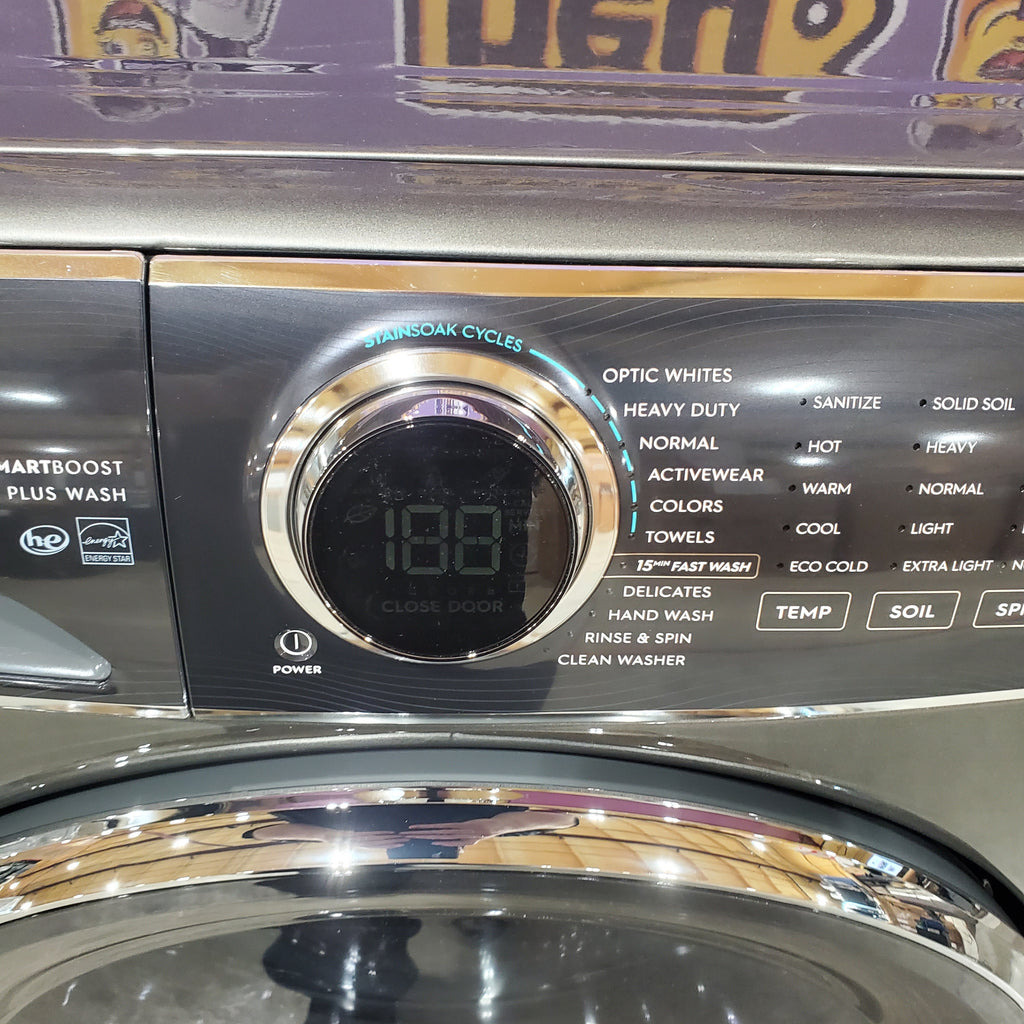 Electrolux Titanium Front Load 600 Series 4.5 Cu. Ft. Washer with Smartboost ELFW7637AT - Scratch & Dent (Minor) and Electrolux 8 cu. ft. vented Front Load Stackable 600 Series Electric Dryer with LuxCare Dry 16098 - ELFE7637AT - Scratch & Dent (Moderate)