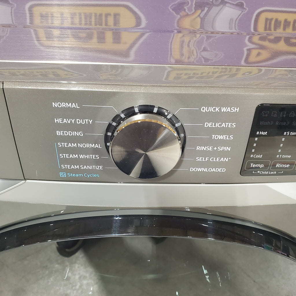 Samsung 4.5 cu. ft. Large Capacity Smart Front Load Washer with Super Speed Wash in Platinum WF45B6300AP - Scratch & Dent (Minor) and Samsung 7.5 cu. ft. Front Load Electric Dryer with Steam 16135 - DVE45B6300P - Scratch & Dent (Minor)