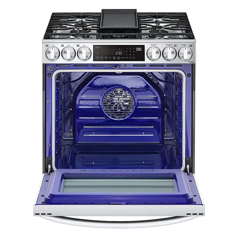 LG 6.3 cu ft. Smart wi-fi Enabled ProBake Convection® InstaView® Gas Slide-In Range with Air Fry in Print Proof Stainless Steel 21SD021 - LSGL6335F - Open Box