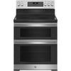 Stainless steel GE Free-Standing 30" Electric Double Oven Convection Range JBS86SPSS with black glass cooktop on a white background