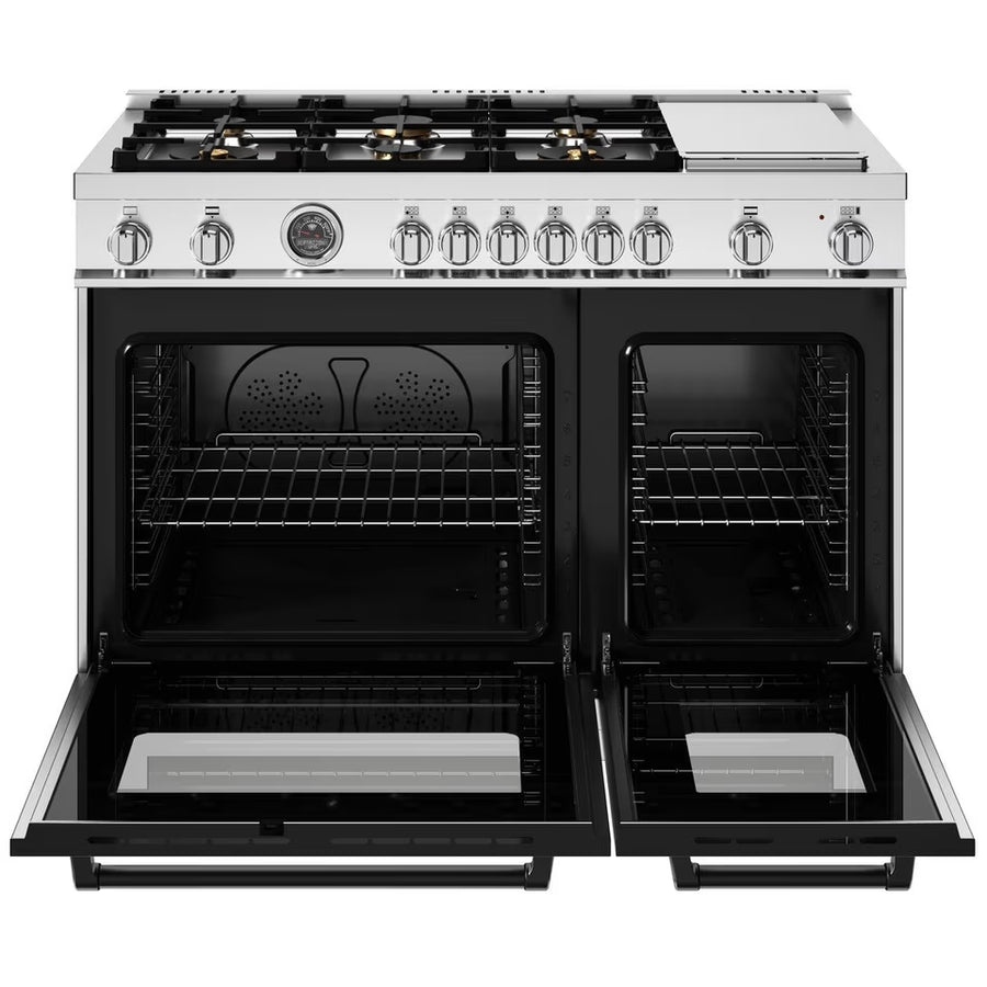 Bertazzoni Master Series 48 Inch Freestanding Gas Range with 6 Sealed Burners, 7 cu. ft. Total Oven Capacity, Double Oven, European Convection Oven, and Electric Griddle: Natural Gas 11113107 - MAS486BTFGMX - Scratch & Dent (Minor)
