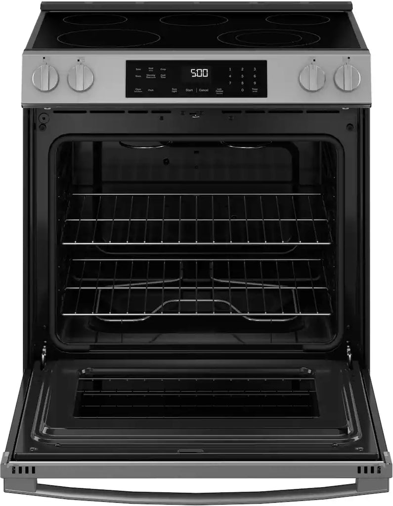 Pictures of GE® Stainless Steel Front Control Slide-In Electric Range with Crisp Mode and 5 Burner Radiant Cooktop 251310SD910 - GRS500PV2SS - Scratch & Dent (Minor) - Neu Appliance Outlet - Discount Appliance Outlet in Austin, Tx