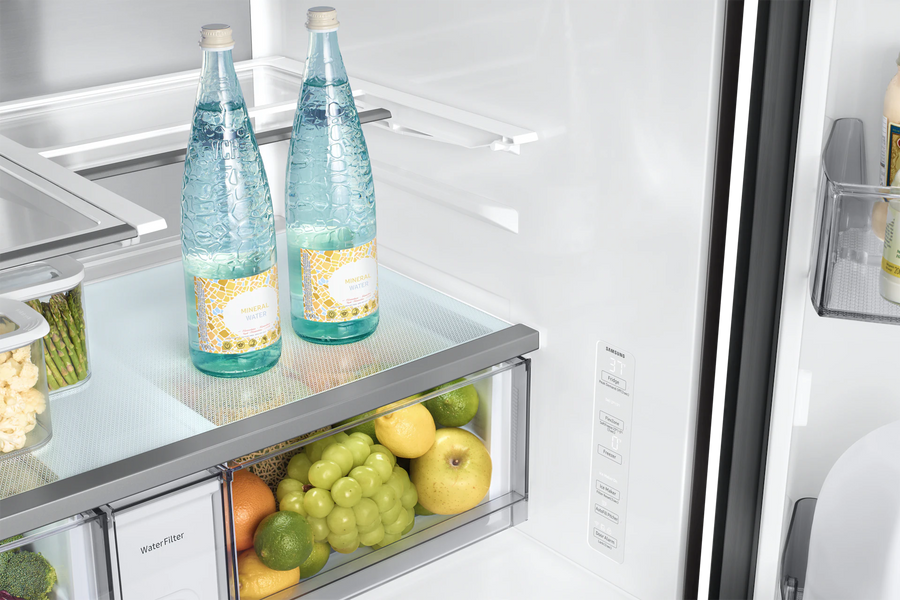 Samsung Bespoke 36 in. 29 cu. ft. Standard Depth 4-Door French Door Refrigerator in Stainless Steel with Beverage Center RF70F29DER - Scratch & Dent (Moderate)