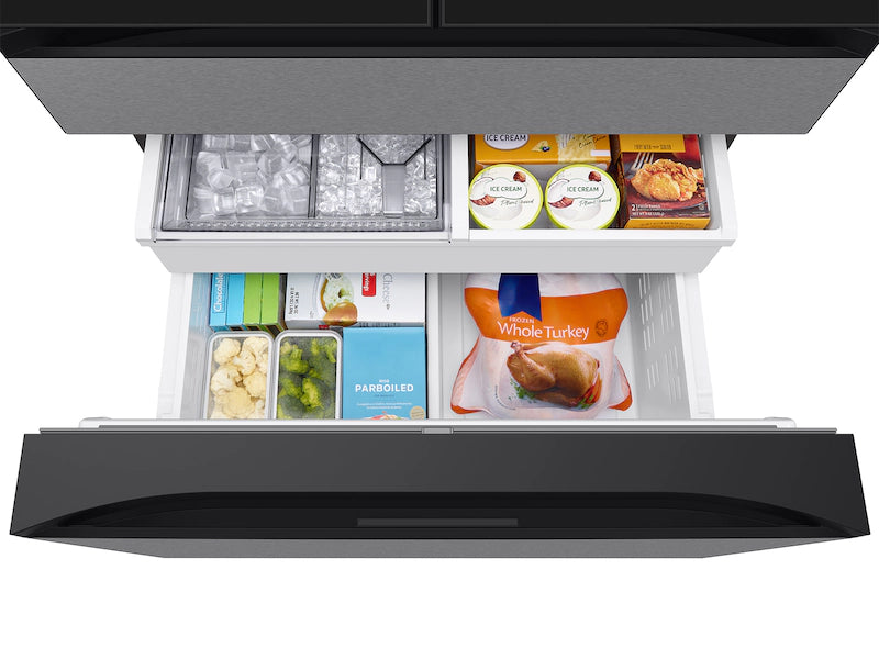 Open Samsung Bespoke RF90F29AECRAA 4-Door French Door Refrigerator door with various food items displayed inside.