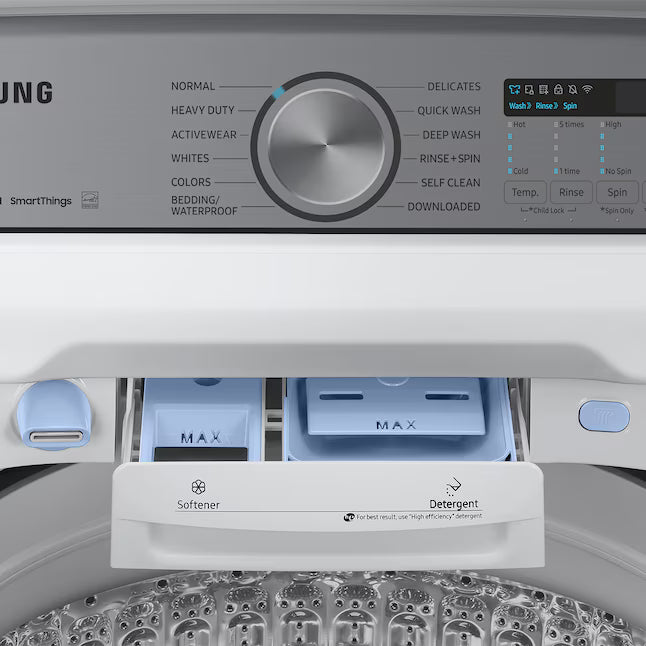 Samsung 5.2 cu. ft. Large Capacity Smart Top Load Washer with Super Speed Wash in White WA52DG5500AW - Scratch & Dent (Minor) and Samsung White Smart Electric 7.4 Cu. Ft. Dryer with Sensor Dry and Steam Sanitize+ DVE52A5500W - Scratch & Dent (Moderate)
