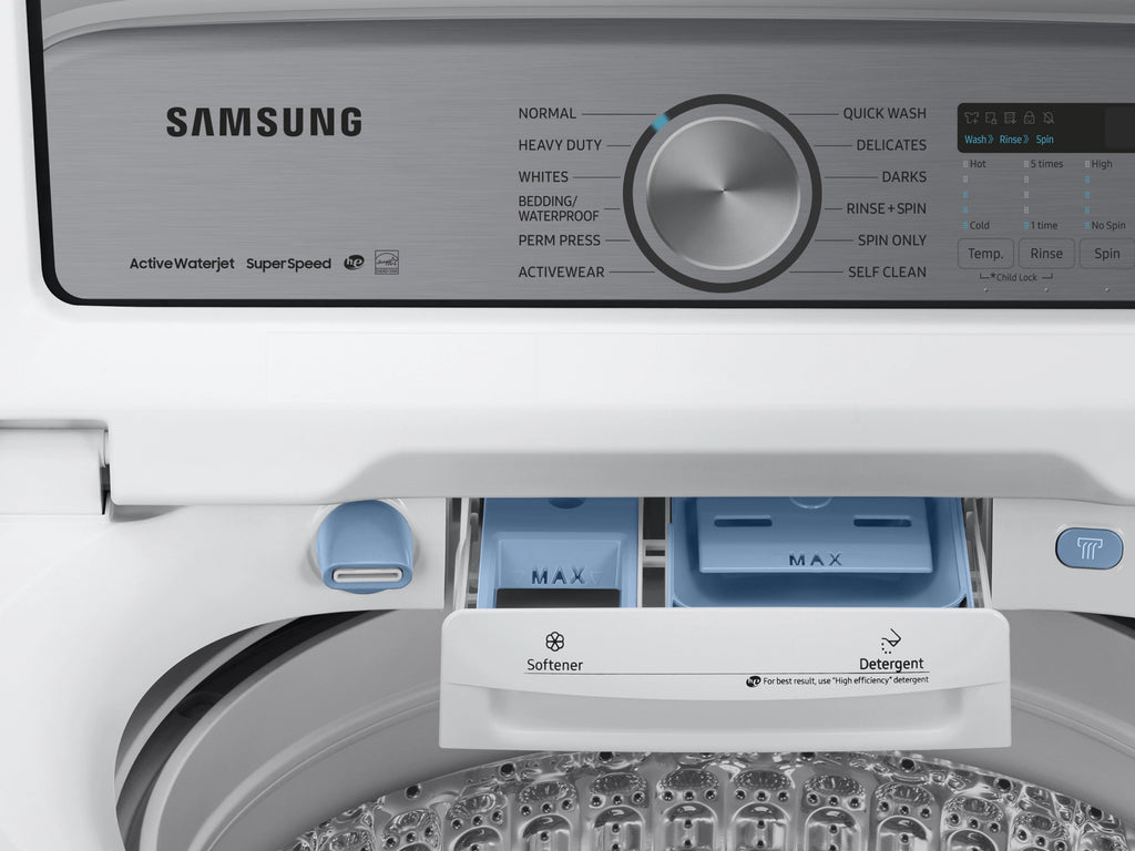 Pictures of Samsung White Top Load 5.0 Cu. Ft. Washer with Super Speed WA50R5400AW - Certified Refurbished and Samsung White Electric 7.4 Cu. Ft. Dryer with Sensor Dry 16035 - DVE50R5200W - Certified Refurbished - Neu Appliance Outlet - Discount Appliance Outlet in Austin, Tx