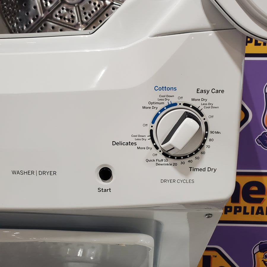 GE Unitized Spacemaker® 3.8 cu. ft. Capacity Washer with Stainless Steel Basket and 5.9 cu. ft. Capacity Gas Dryer 22133SD177 - GUD27GSSMWW - Scratch & Dent (Minor)