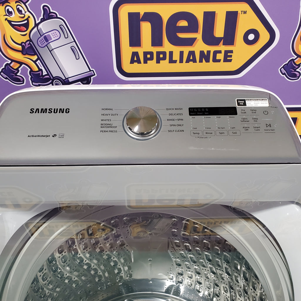 Pictures of Samsung White Top Load 5.4 Cu. Ft. Washer with Active Water Jet WA50R5200AW/US - Certified Refurbished and Samsung White 7.4 cu. ft. Electric Dryer in White with Steam Sanitize+ DVE54R7200W/A3 - Certified Refurbished - Neu Appliance Outlet - Discount Appliance Outlet in Austin, Tx