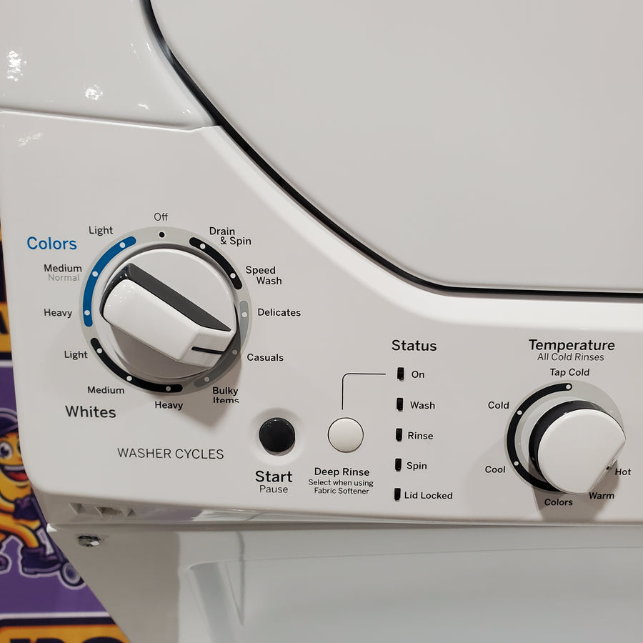 GE 24 in.  Spacemaker 2.3 cu. ft. Washer and 4.4 cu. ft. Gas Laundry Center with Stainless Steel Wash Basket GUD24GSSMWW - Scratch & Dent (Minor)