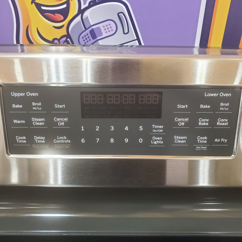 Stainless steel GE Free-Standing 30" Electric Double Oven Convection Range JBS86SPSS control panel with digital display and labels.