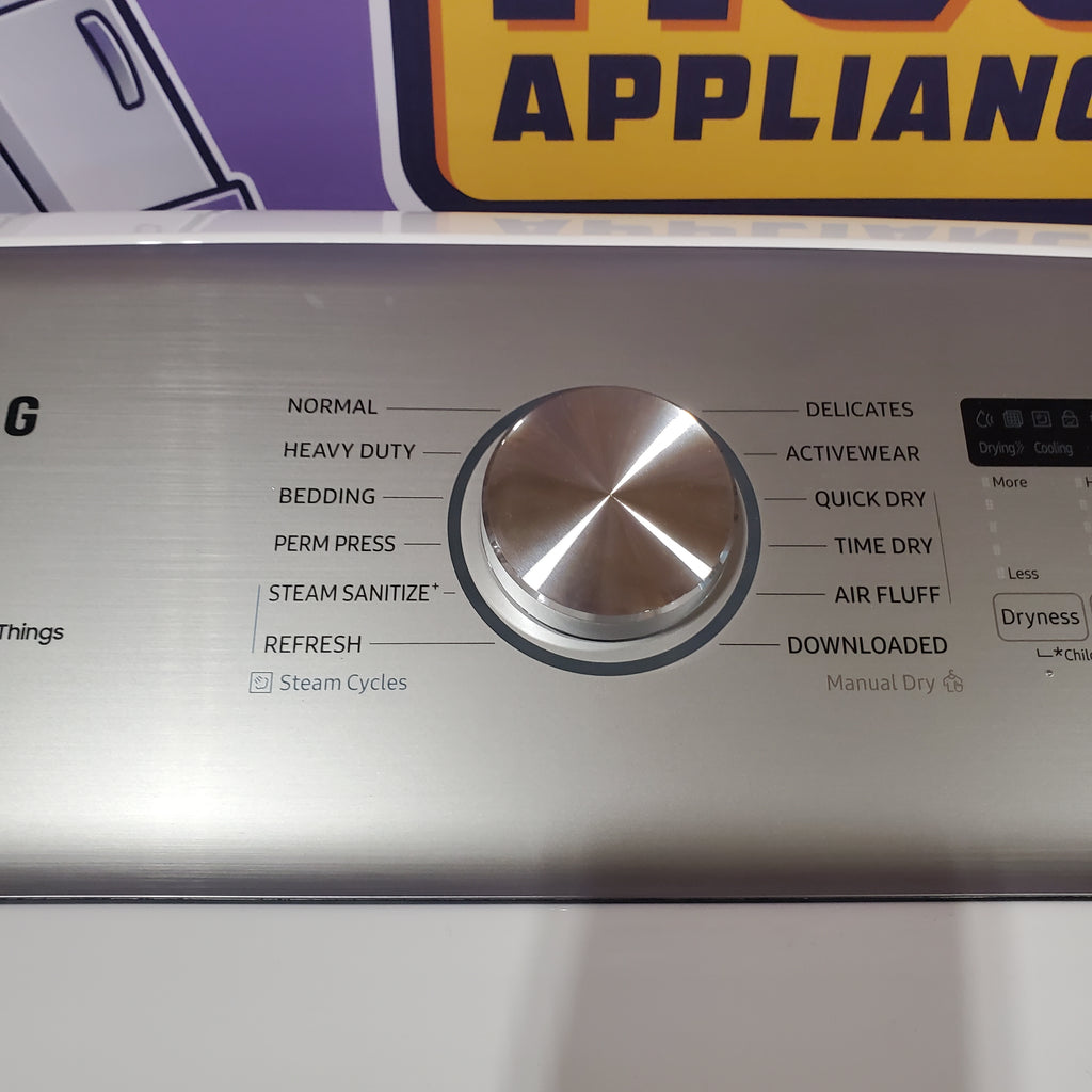 Samsung White Top Load 5.0 Cu. Ft. Washer with Super Speed WA50R5400AW - Certified Refurbished and Samsung Front Load Electric Dryer with with Steam Sanitize+ 16111 - DVE52A5500W - Scratch & Dent (Minor)
