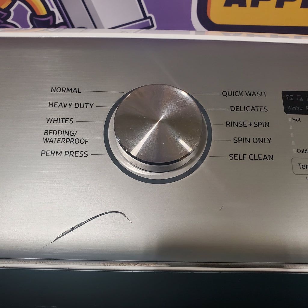 Pictures of Samsung White Top Load 5.4 Cu. Ft. Washer with Active Water Jet WA54R7200AW - Certified Refurbished and Samsung White Electric 7.4 Cu. Ft. Dryer with Sensor Dry DVE50R5200W - Scratch and Dent (Minor) - Neu Appliance Outlet - Discount Appliance Outlet in Austin, Tx
