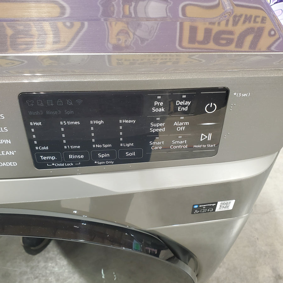 Samsung 4.5 cu. ft. Large Capacity Smart Front Load Washer with Super Speed Wash in Platinum WF45B6300AP - Scratch & Dent (Minor) and Samsung 7.5 cu. ft. Front Load Electric Dryer with Steam 16135 - DVE45B6300P - Scratch & Dent (Minor)
