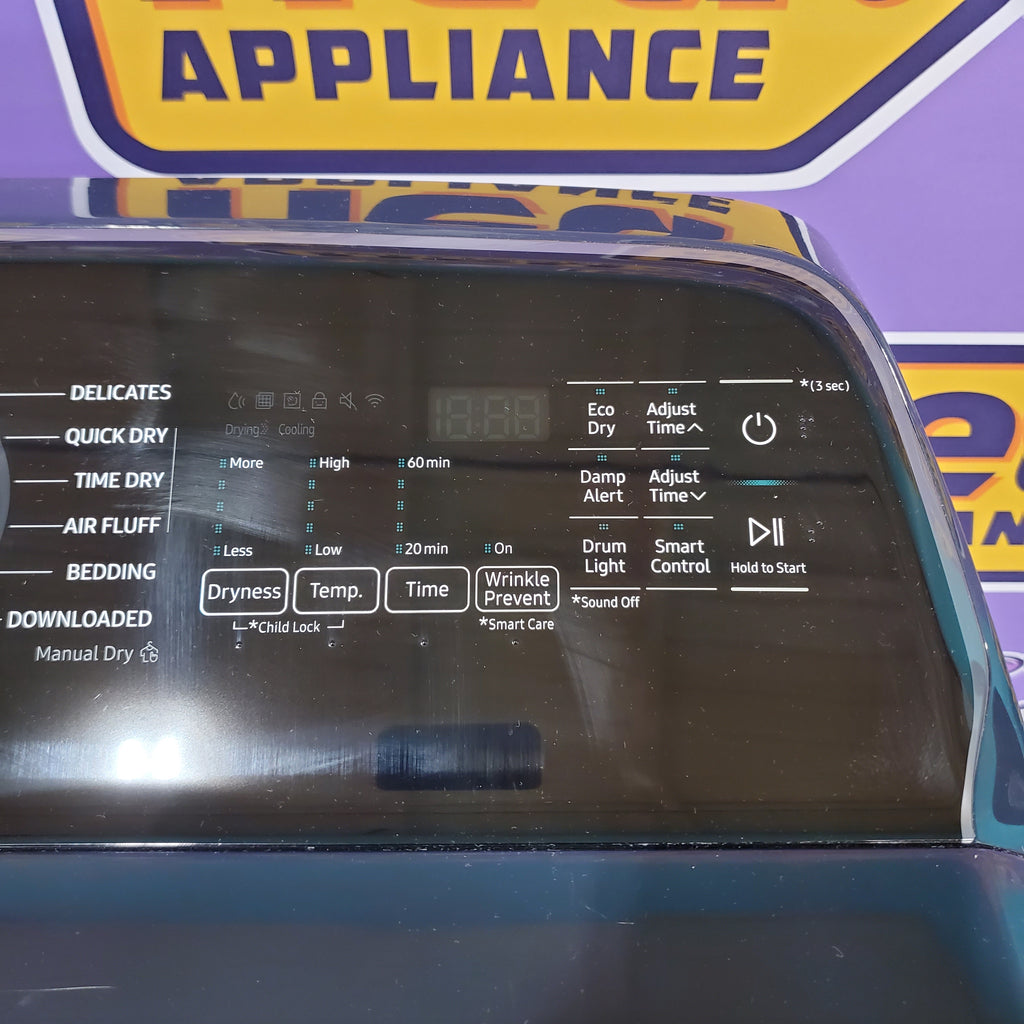 Pictures of Samsung Brushed Black Top Load 5.2 Cu. Ft. Washer with SuperSpeed Wash WA52A5500AV - Certified Refurbished and Samsung Brushed Navy Smart Electric Front Load 7.4 Cu. Ft. Dryer with Steam Sanitize+ DVE54CG7150D - Scratch and Dent (Minor) - Neu Appliance Outlet - Discount Appliance Outlet in Austin, Tx