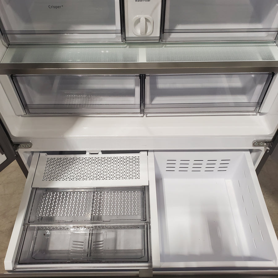 Samsung Counter-Depth Beverage Center 24.0 cu ft 3-Door Smart Compatible French Door Refrigerator with Dual Ice Maker with Water Dispenser and Door within Door ENERGY STAR Certified in White Glass RF24BB660012 - Scratch & Dent (Minor)