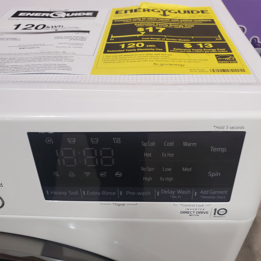 LG 2.4 cu.ft. Compact Front Load Washer with Built-In Intelligence WM1455HWA - Open Box and LG 4.2 cu.ft. Smart wi-fi Enabled Compact Front Load Dryer with Dual Inverter HeatPump™ Technology 16214 - DLHC1455W - Scratch & Dent (Minor)