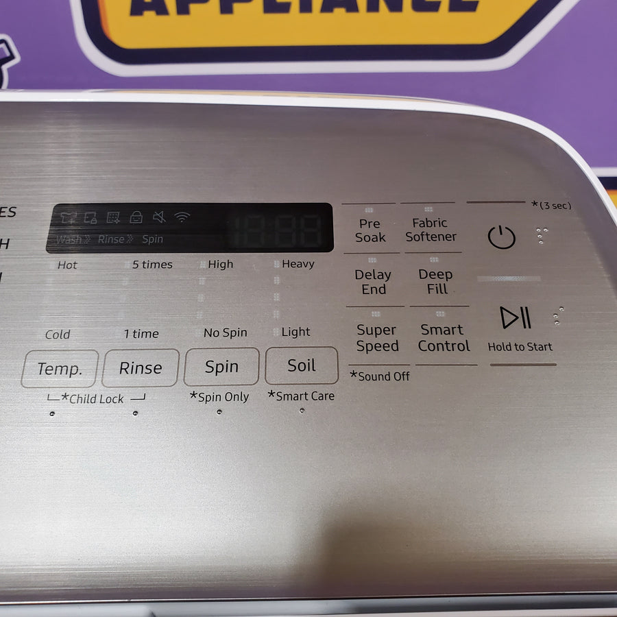 Samsung 5.2 cu. ft. Large Capacity Smart Top Load Washer with Super Speed Wash in White WA52DG5500AW - Open Box and Samsung White Smart Electric 7.4 Cu. Ft. Dryer with Sensor Dry and Steam Sanitize+ 16212 - DVE52A5500W - Scratch & Dent (Minor)