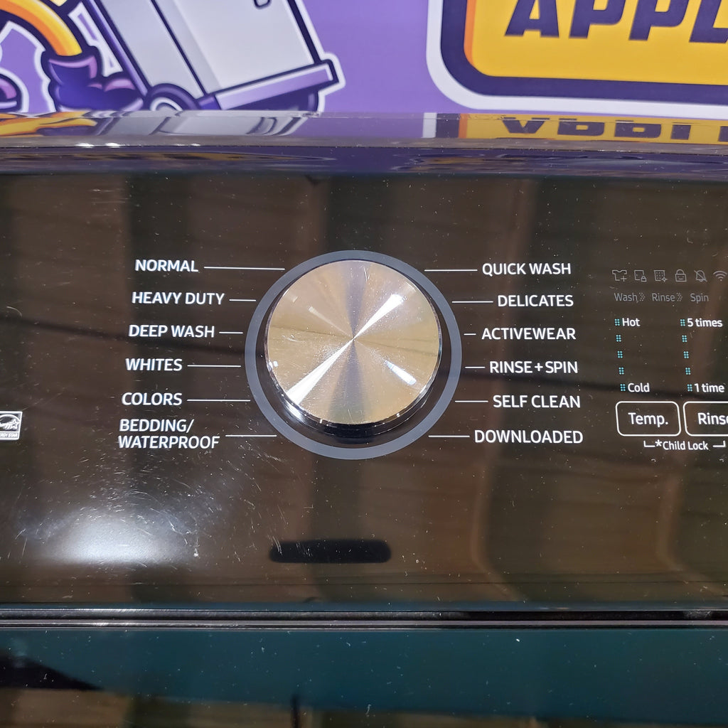 Pictures of Samsung Brushed Black Top Load 5.2 Cu. Ft. Washer with SuperSpeed Wash WA52A5500AV - Certified Refurbished and Samsung Brushed Navy Smart Electric Front Load 7.4 Cu. Ft. Dryer with Steam Sanitize+ DVE54CG7150D - Scratch and Dent (Minor) - Neu Appliance Outlet - Discount Appliance Outlet in Austin, Tx